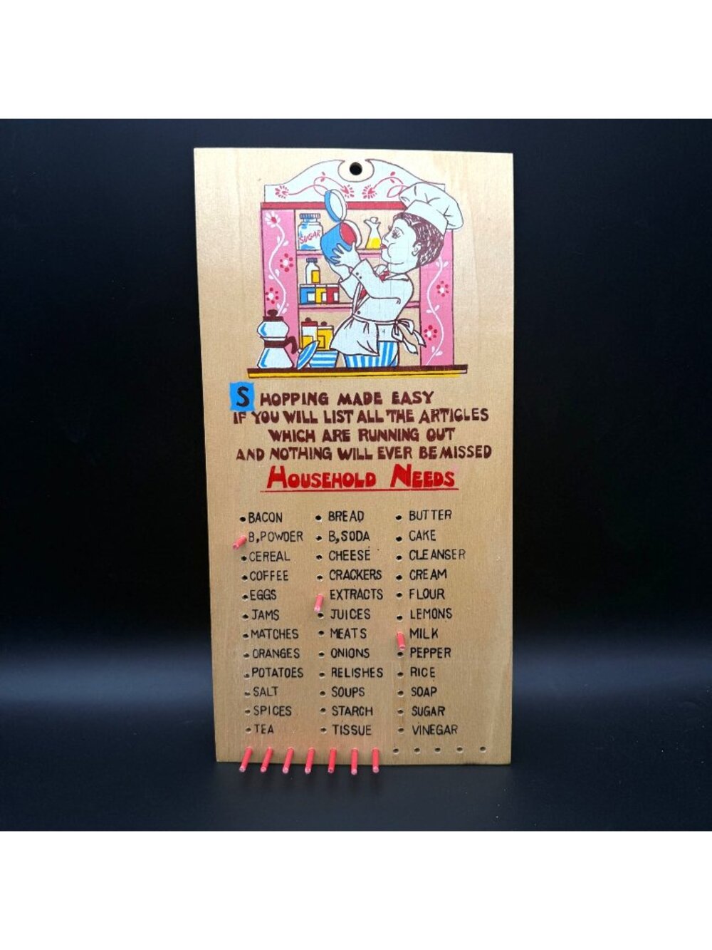 Vtg Wooden "Shopping Made Easy" Grocery Peg Board – 1950s Kitchen Decor Japan